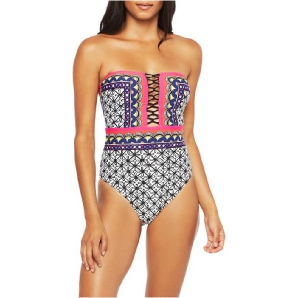 Trina Turk Strapless One-Piece Swimsuit in White, Black, Pink & Blue